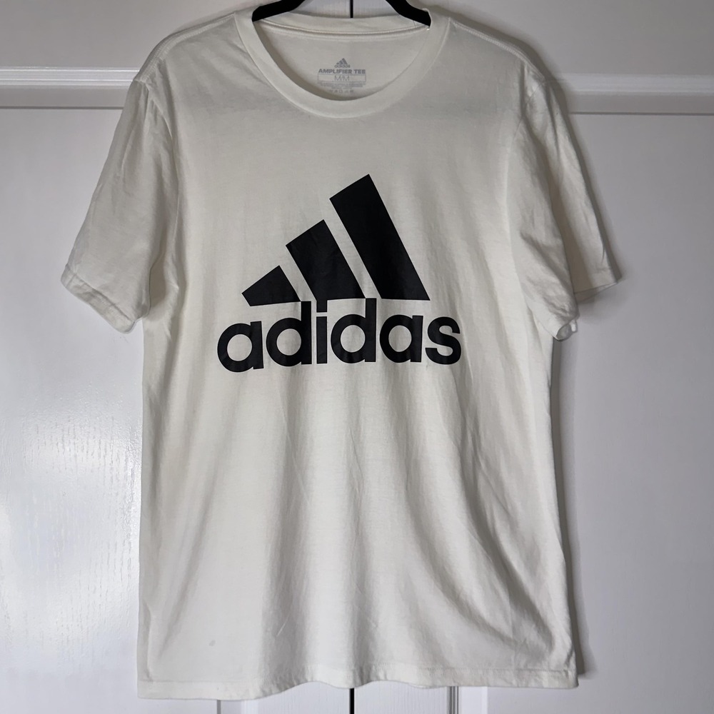Adidas Shirt Mens Medium White Amplifier Logo Graphic Tee Sports Casual